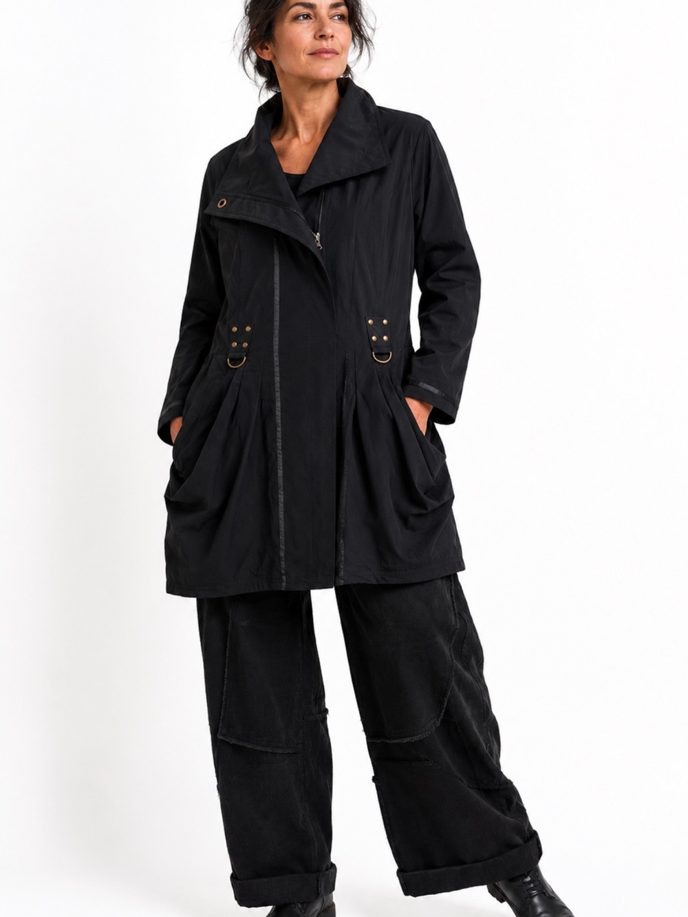 Lauren Vidal Black Asymmetrical Zip Trench Coat